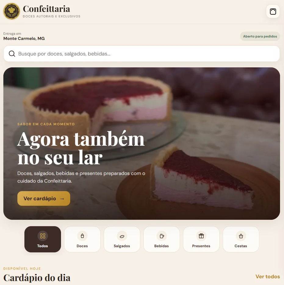 Página inicial do projeto de delivery e confeitaria